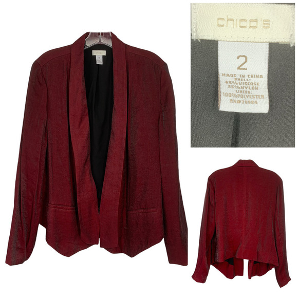 Chico's Sz 2 L Holiday Burgundy Iridescent Open Front Jacket Topper Lined - Picture 1 of 7